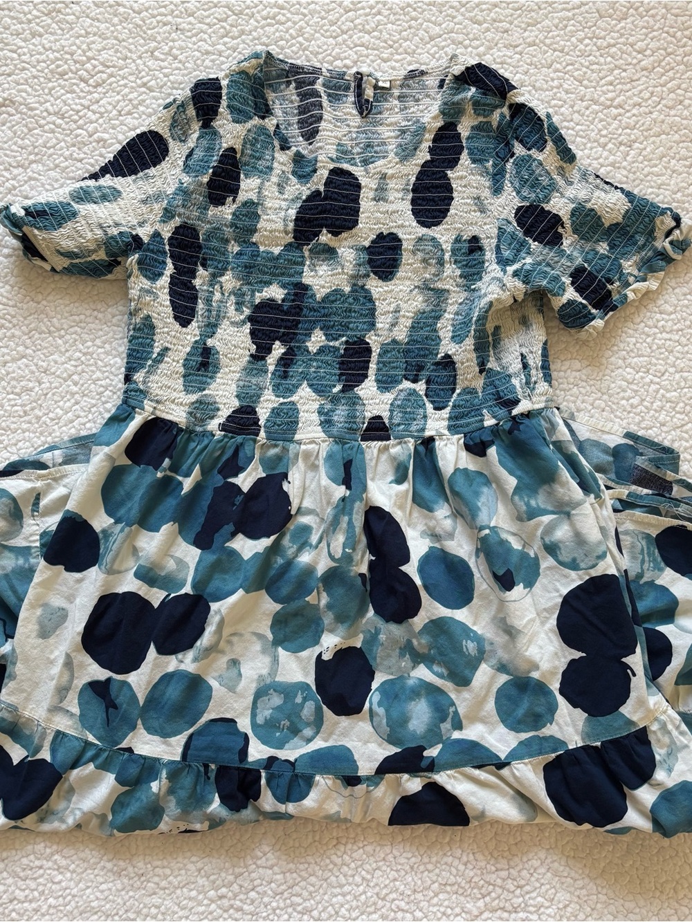 Breezy Boho Smocked Midi Dress - Blue Abstract Watercolor Polka Dot (100% Cotton